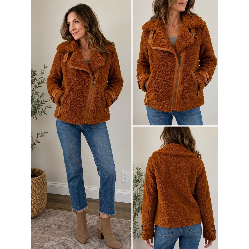 Marrakech Womens Rust Orange Sherpa Teddy Moto Jacket Faux Leather Trim‎ XS